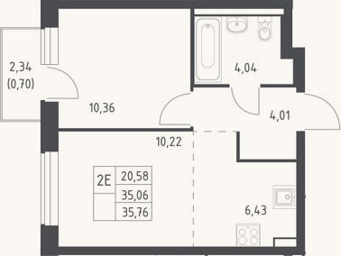 Планировка: 2-к, 35,1 м²