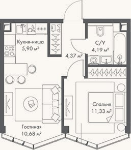 Планировка: 2-к, 36,5 м²