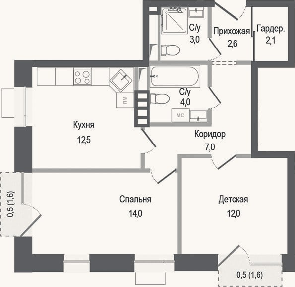 Планировка: 2-к, 57,2 м²