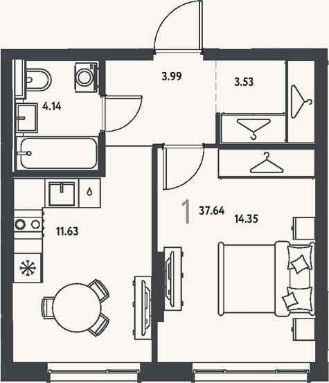 Планировка: 1-к, 37,6 м²