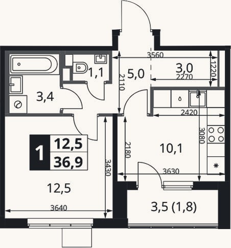 Планировка: 1-к, 35,1 м²