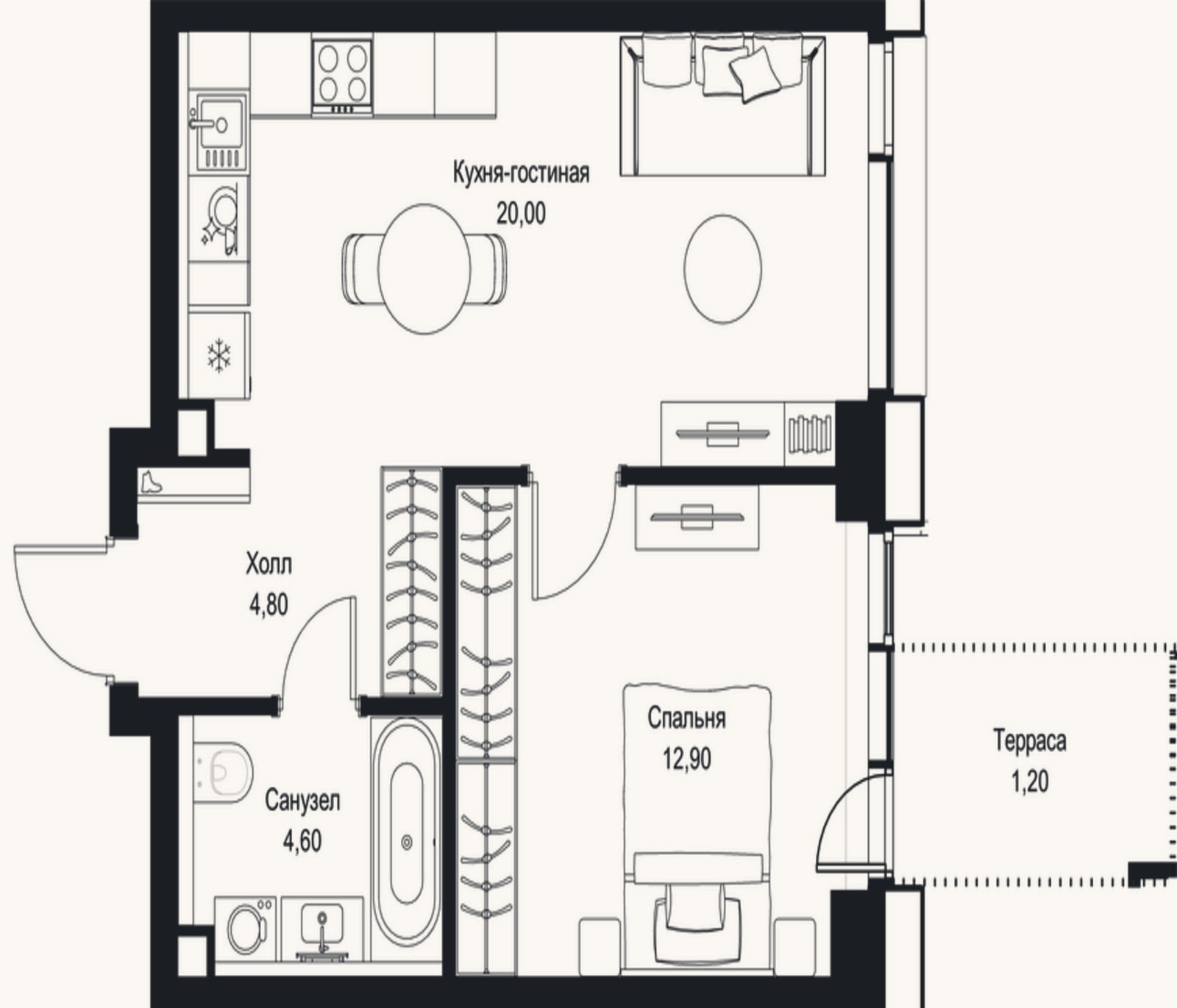 Планировка: 2-к, 42,3 м²