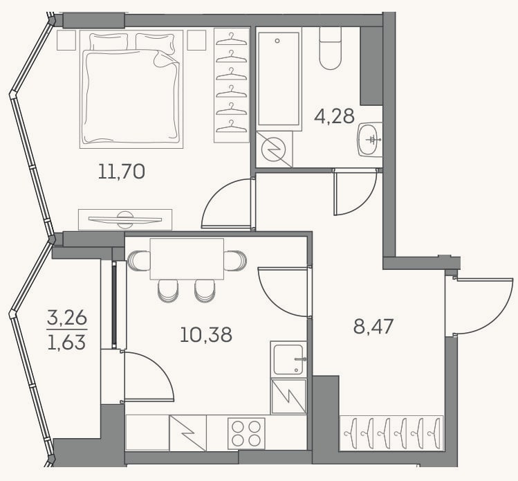 Планировка: 1-к, 34,8 м²