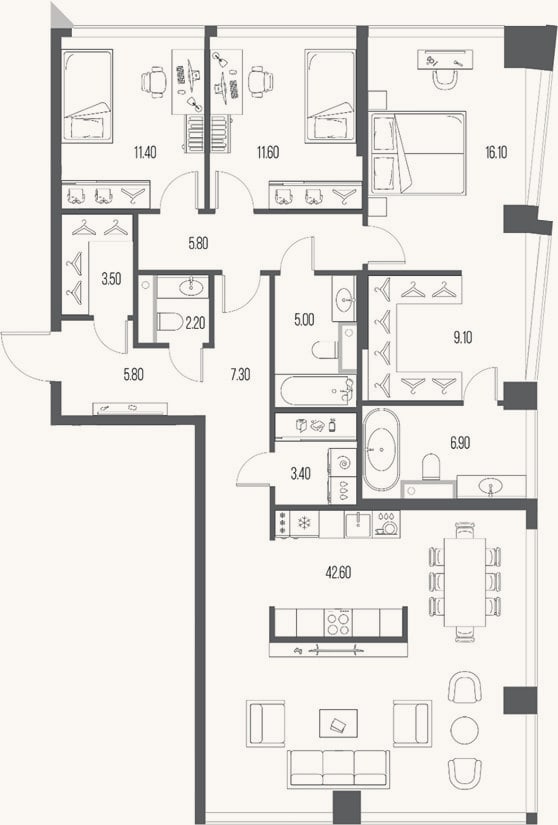 Планировка: 3-к, 130,7 м²