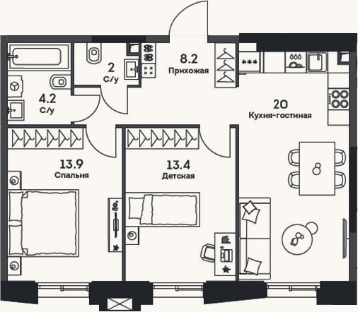 Планировка: 3-к, 61,7 м²