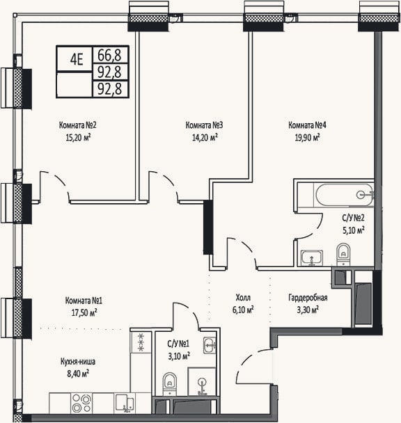 Планировка: 4+ к, 92,8 м²