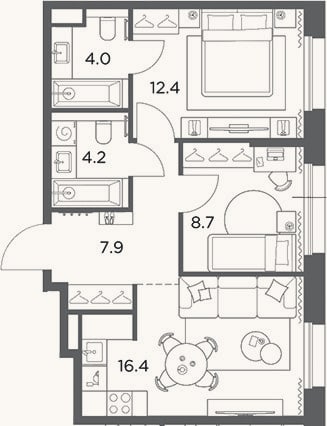 Планировка: 2-к, 53,6 м²