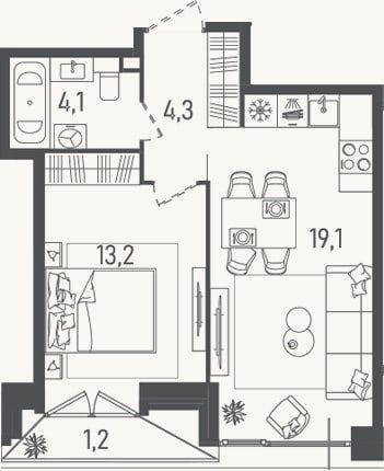 Планировка: 2-к, 40,7 м²