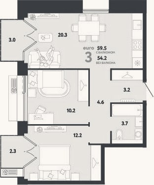 Планировка: 3-к, 54,2 м²