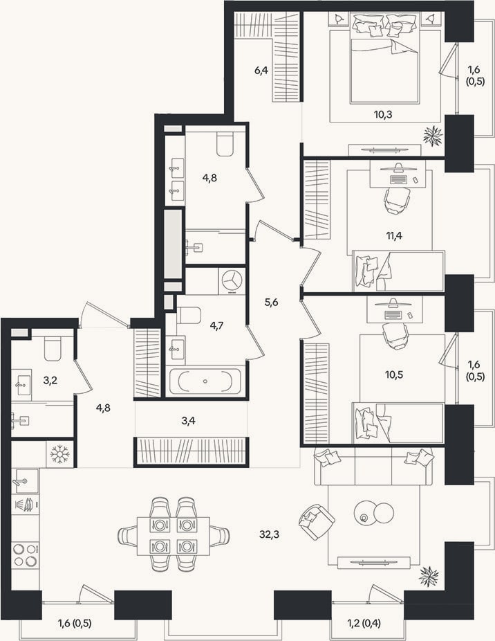 Планировка: 4+ к, 97,4 м²