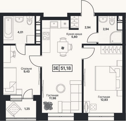 Планировка: 3-к, 49,9 м²