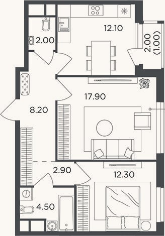 Планировка: 2-к, 59,9 м²
