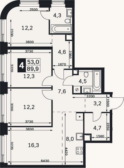 Планировка: 4+ к, 89,9 м²