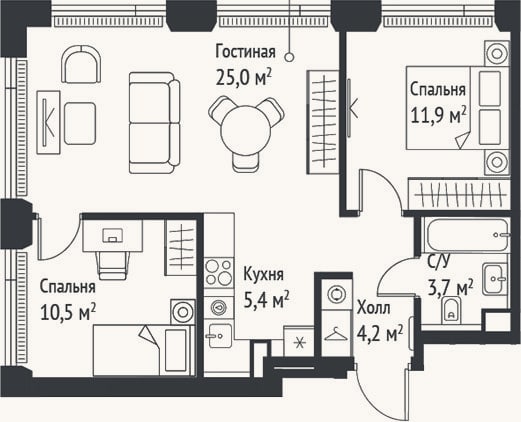 Планировка: 3-к, 60,7 м²