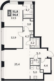 Планировка: 3-к, 84,4 м²