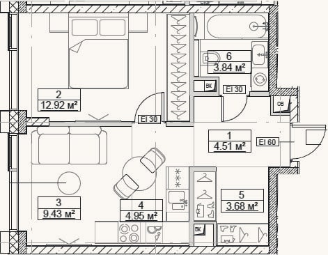 Планировка: 2-к, 39,3 м²