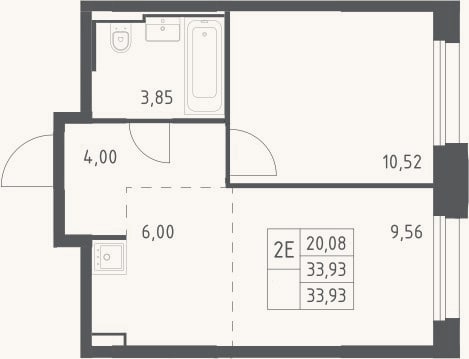 Планировка: 2-к, 33,9 м²