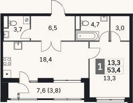 Планировка: 2-к, 47,6 м²