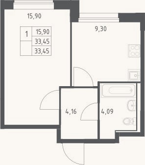 Планировка: 1-к, 33,5 м²