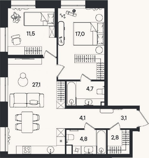 Планировка: 3-к, 75,1 м²