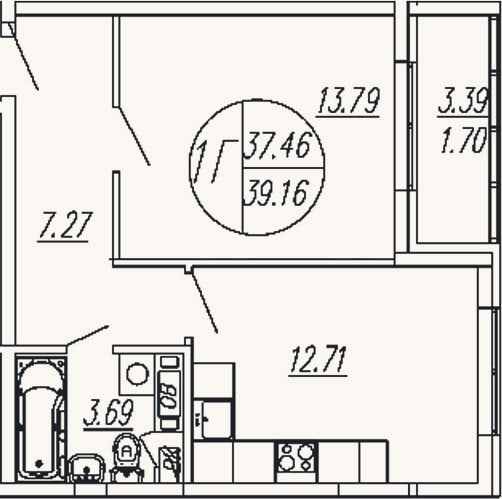 Планировка: 1-к, 37,5 м²