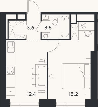 Планировка: 1-к, 34,7 м²