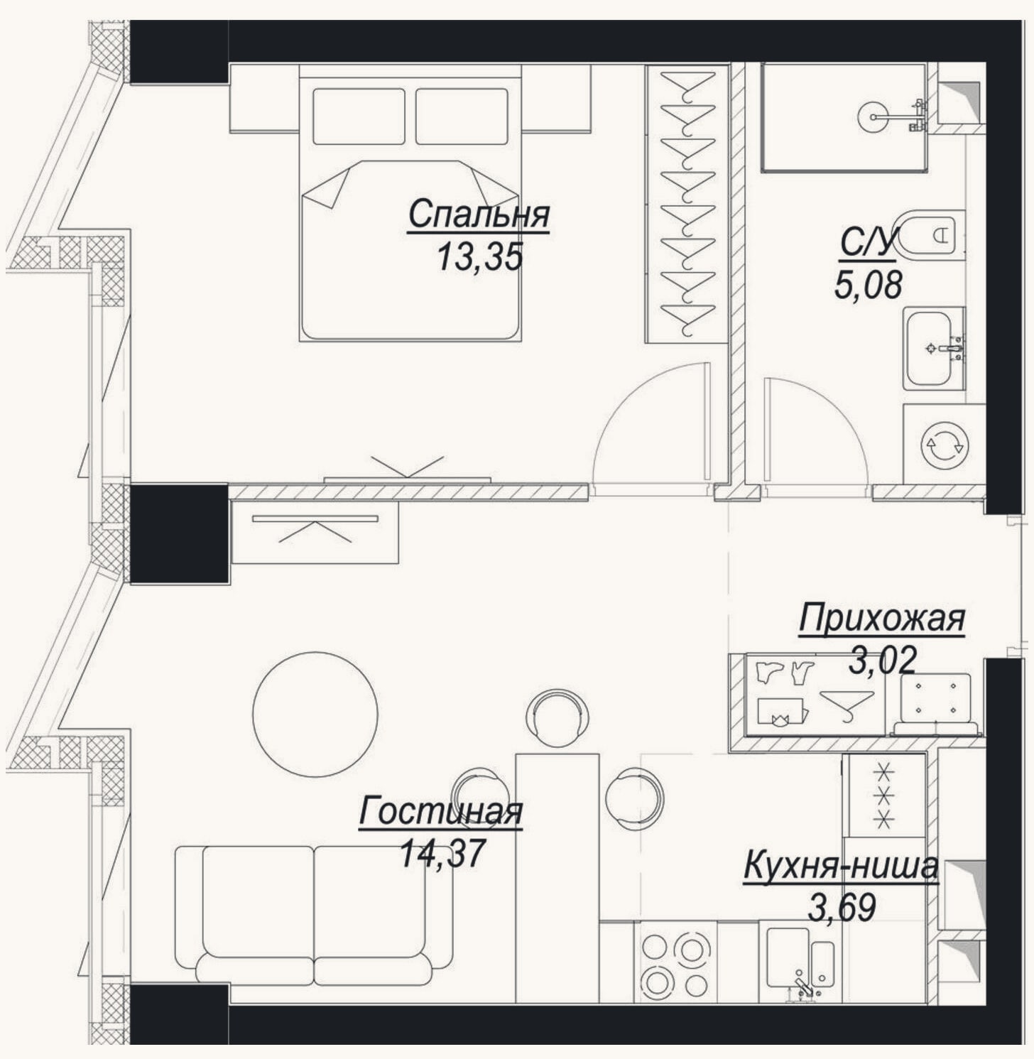 Планировка: 2-к, 39,5 м²