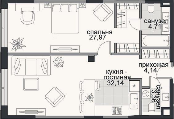 Планировка: 2-к, 72,3 м²
