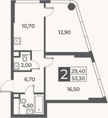 Планировка: 2-к, 53,3 м²