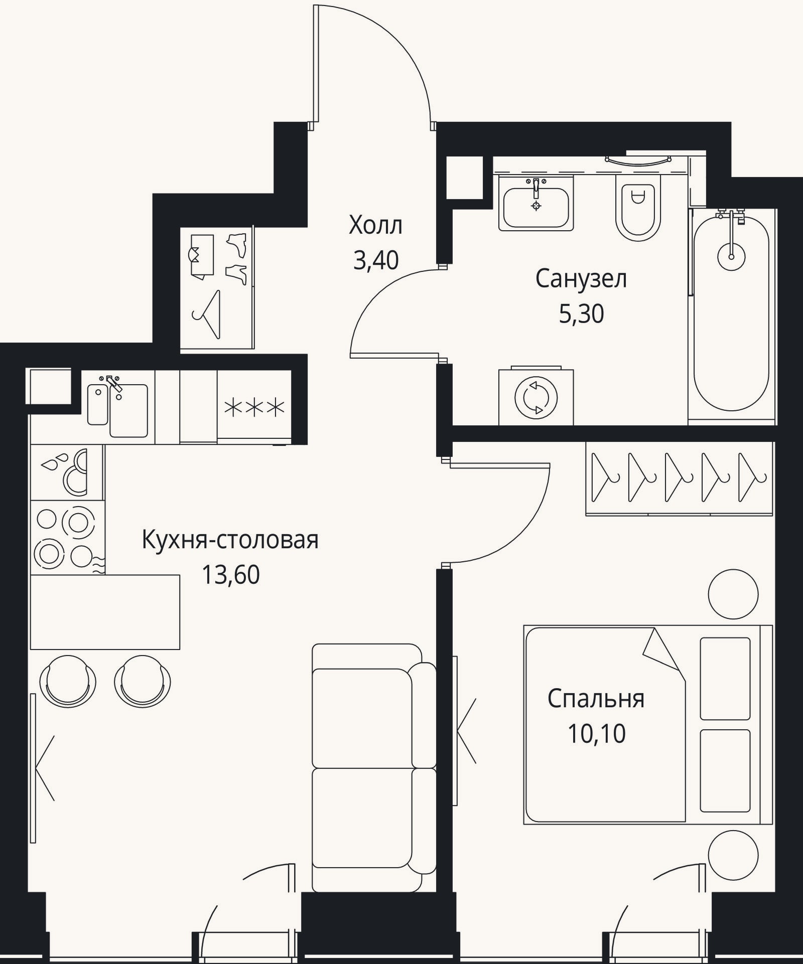 Планировка: 2-к, 32,4 м²