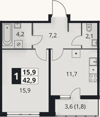 Планировка: 1-к, 41,1 м²