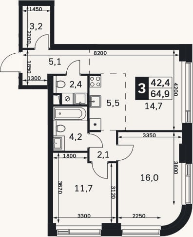 Планировка: 3-к, 64,9 м²