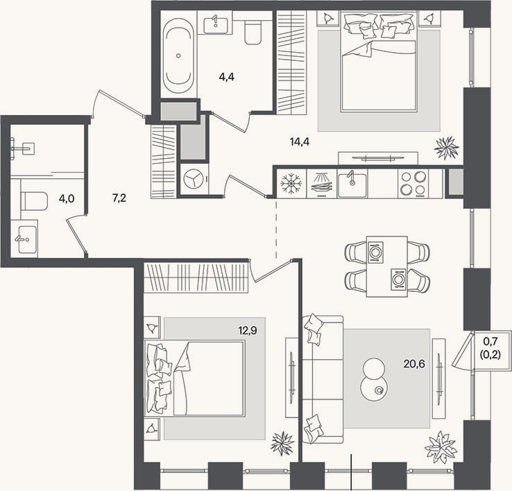 Планировка: 3-к, 63,5 м²