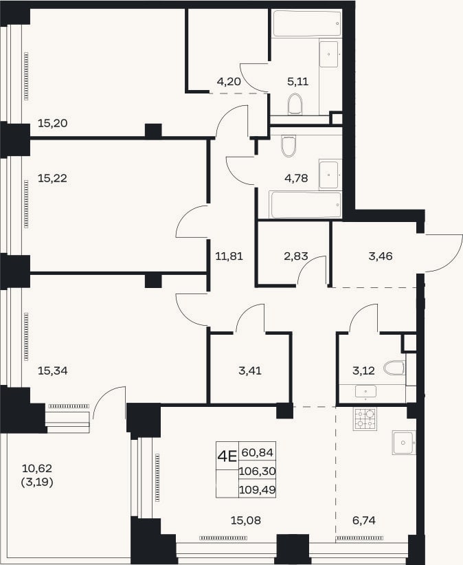 Планировка: 3-к, 106,3 м²
