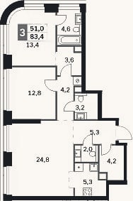 Планировка: 3-к, 83,4 м²