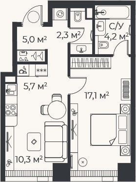Планировка: 2-к, 44,5 м²