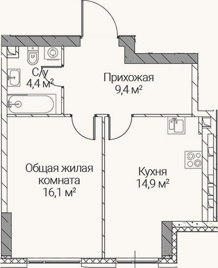 Планировка: 1-к, 44,8 м²