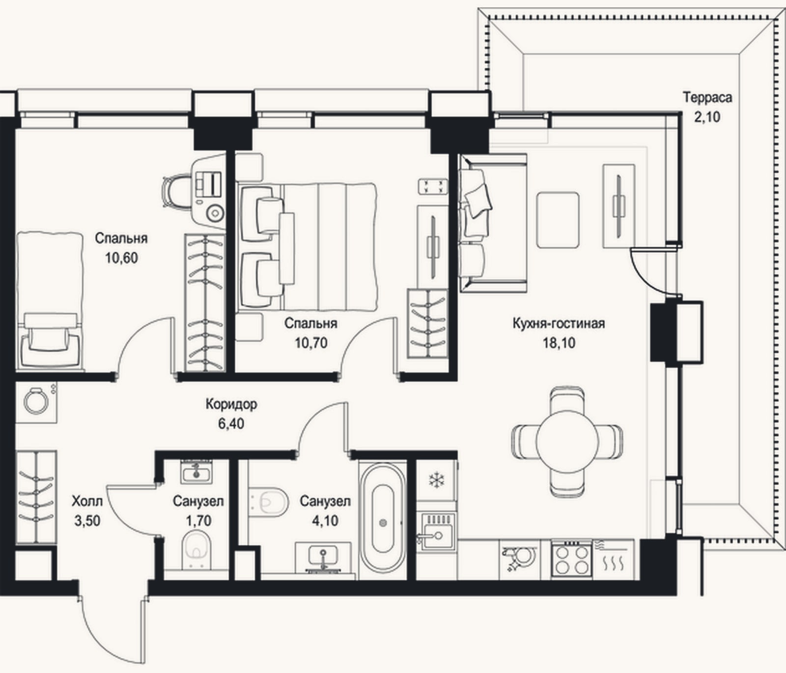 Планировка: 3-к, 55,1 м²