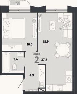 Планировка: 2-к, 37,2 м²