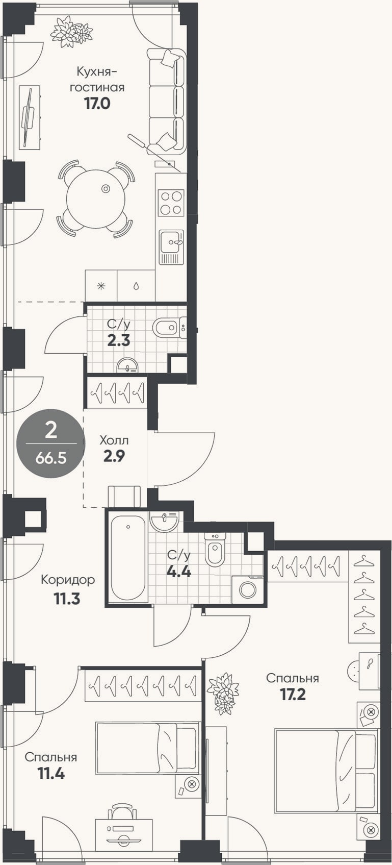 Планировка: 3-к, 66,5 м²
