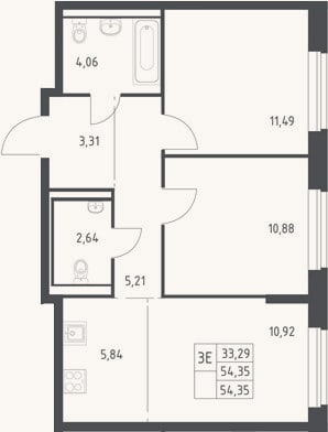 Планировка: 3-к, 54,4 м²