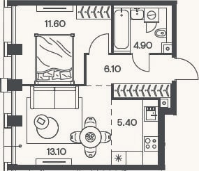 Планировка: 2-к, 41,1 м²