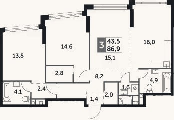 Планировка: 3-к, 86,9 м²