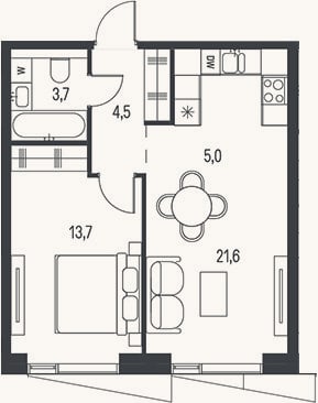 Планировка: 2-к, 43,5 м²