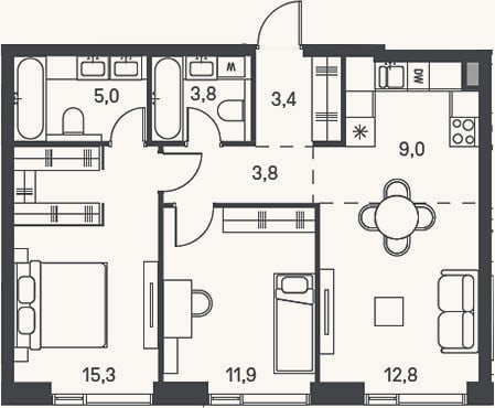 Планировка: 3-к, 65 м²