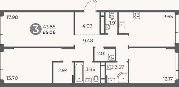 Планировка: 3-к, 85,1 м²