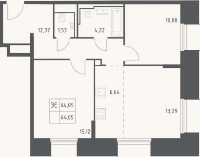 Планировка: 3-к, 64,1 м²