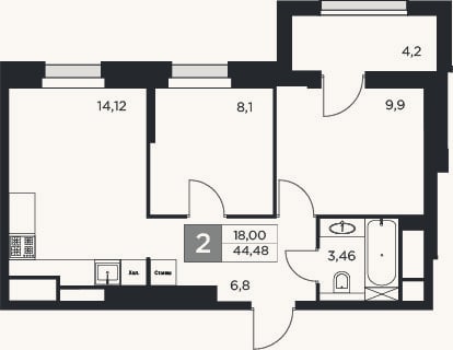 Планировка: 2-к, 42,4 м²