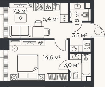 Планировка: 2-к, 35,6 м²