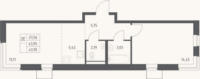 Планировка: 2-к, 44 м²
